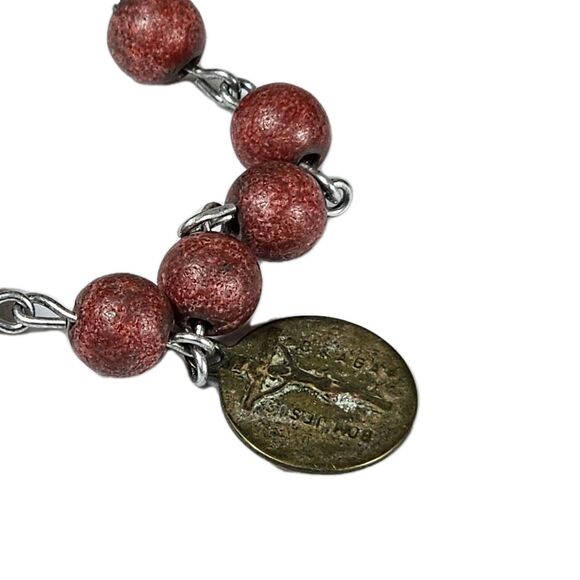 Catholic Rosary Bracelet Red Beads Silver Tone Crucifix & Virgin Mary Medal VTG - Picture 8 of 10
